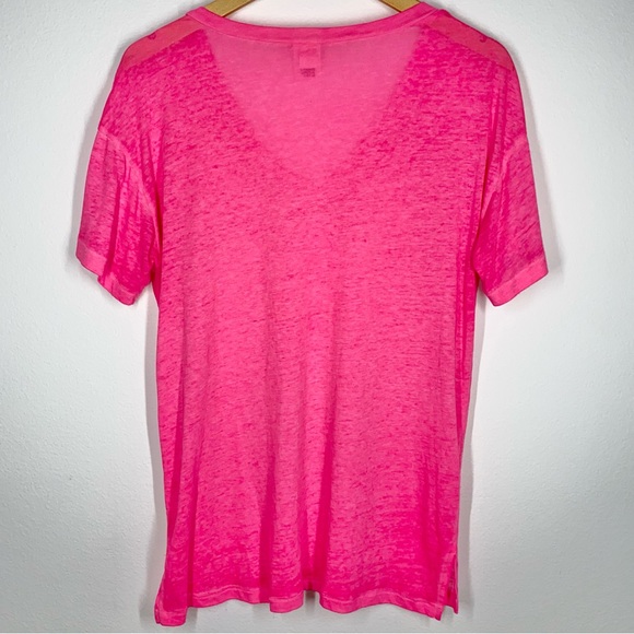 S VS Pink Short Sleeve Neon Sheer Burnout V Neck Hot Pink Logo Tee Shirt Top - Picture 4 of 8